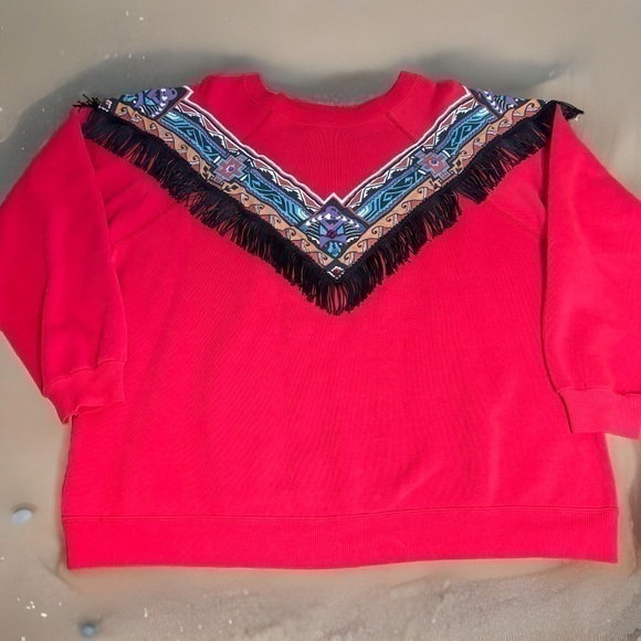 Vintage 90s Aztec Native American Indian Southwestern Sweatshirt Fringe 50-50 XL - Picture 1 of 9